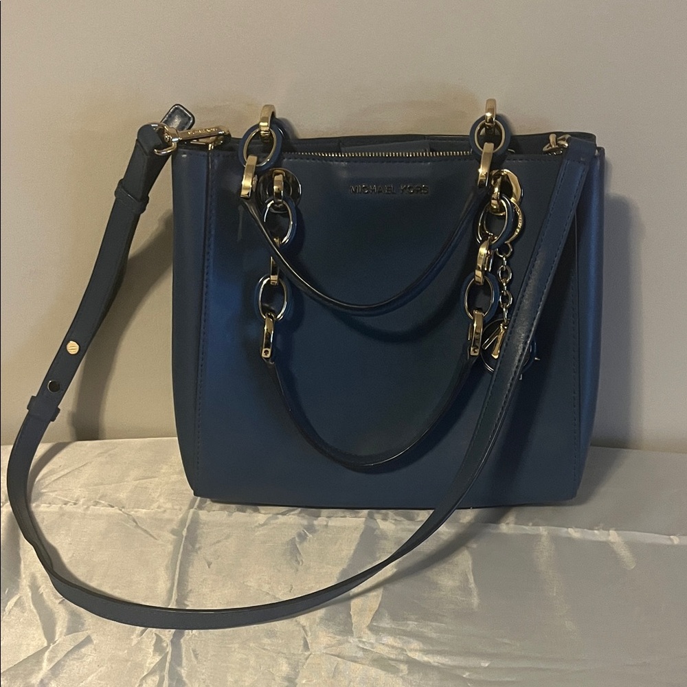 Michael Kors Dark Blue Shoulder Bag with Gold Accents